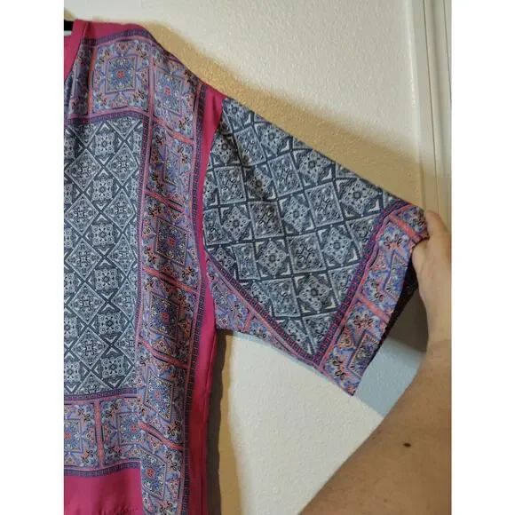 ZARA Basic Size XXL Pink Blue Batik Moroccan Boxy Geometric V-Neck Blouse Top - Picture 4 of 5